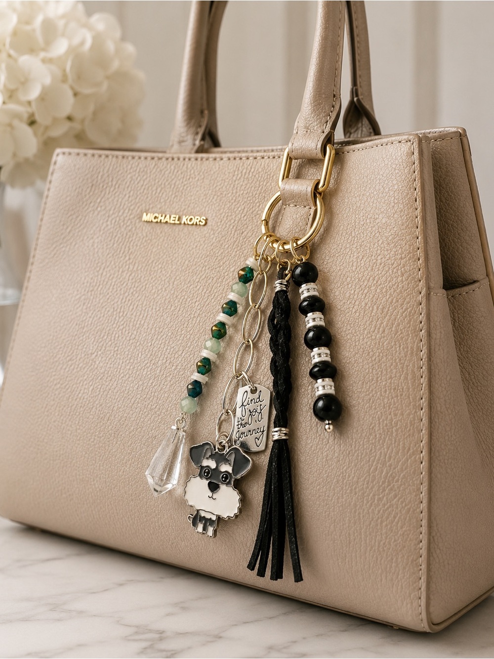 Hand Crafted TERRIER Bag Charm Key Ring w/“FIND JOY IN THE JOURNEY” - Picture 2 of 10